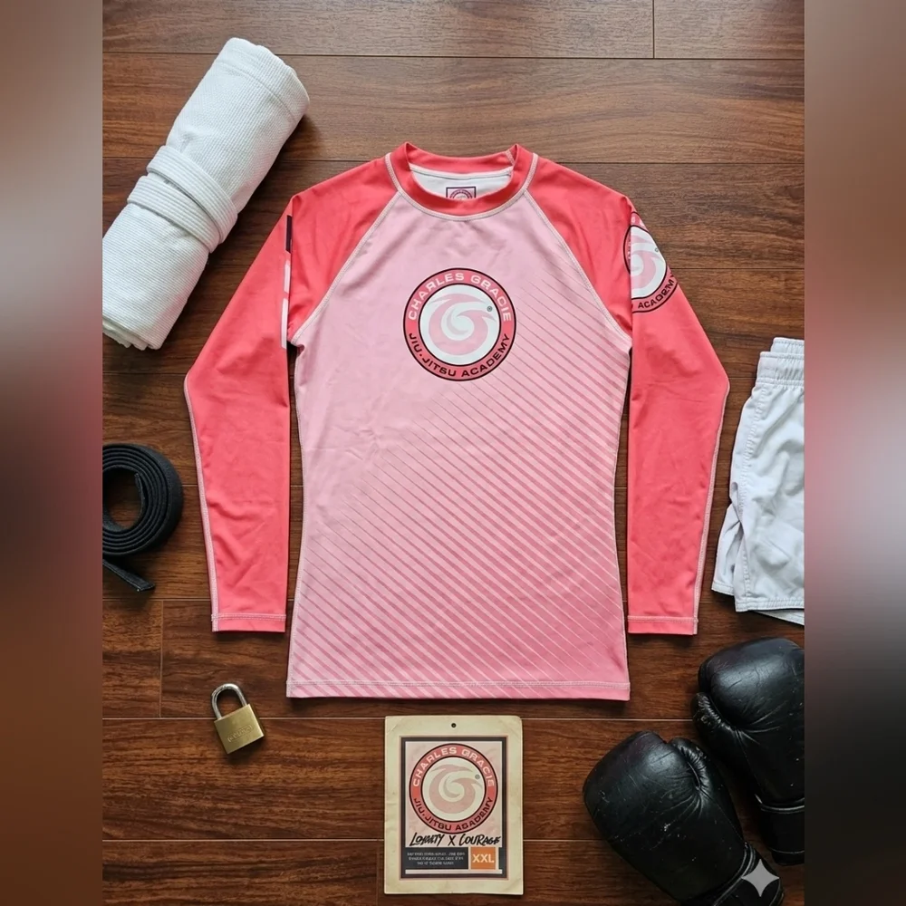 Charles Gracie Jiu-Jitsu Academy Rash Guard - Pink/Coral/white - XXL